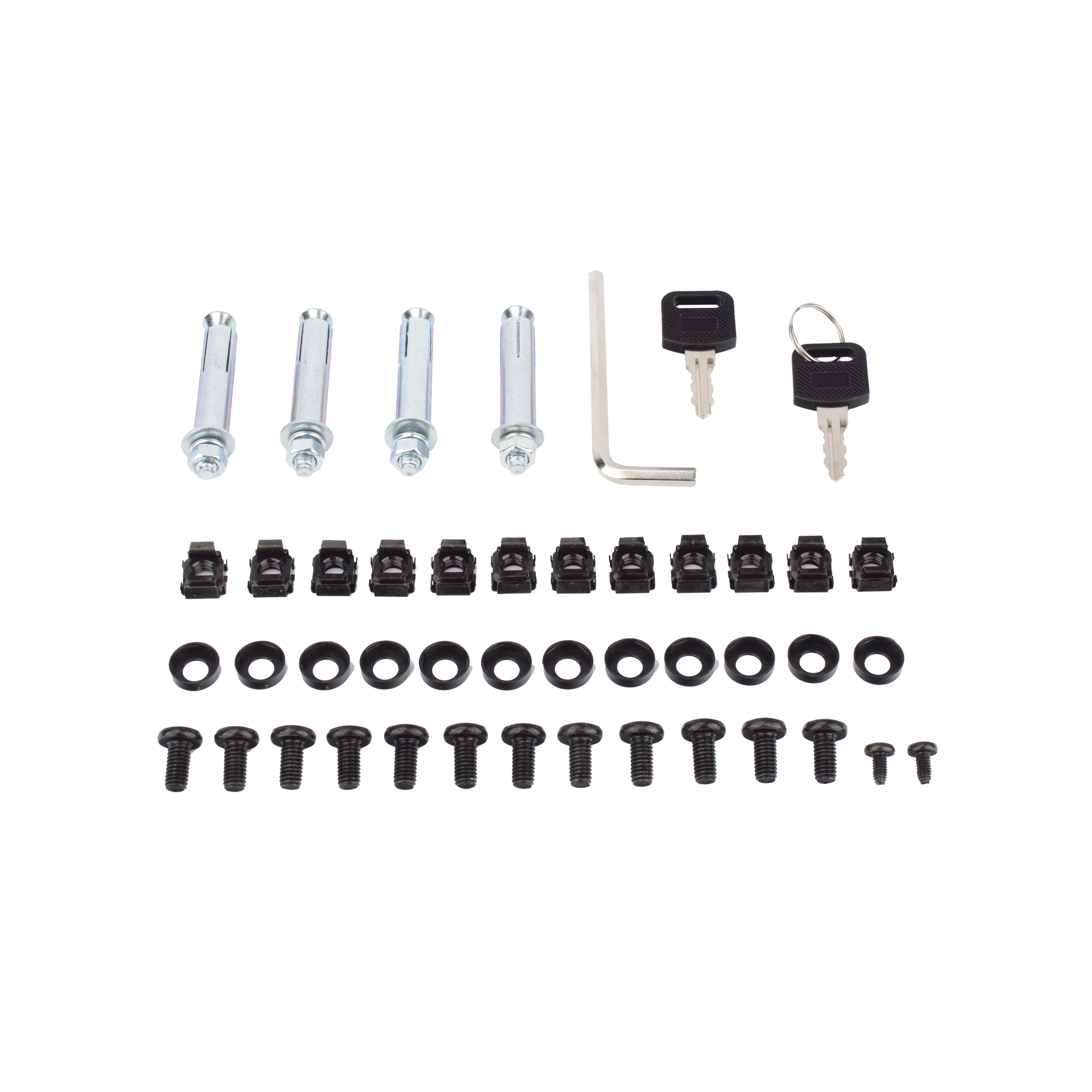 kit de montaje gabinete hikvision 6u con tornillos, taquetes y llaves para instalación segura en pared