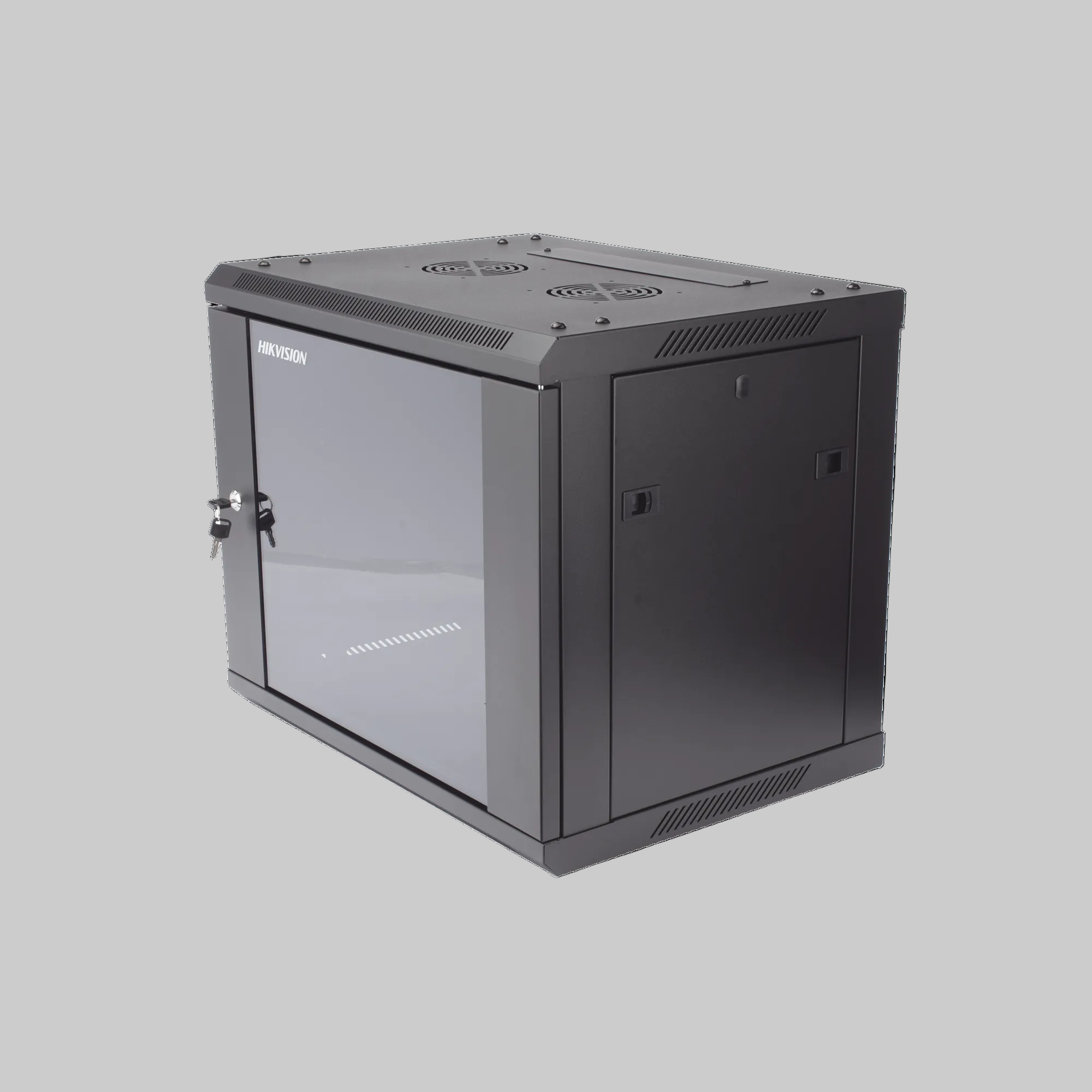 gabinete hikvision de acero metálico negro para pared con puerta frontal y ventilación superior para sistemas cctv