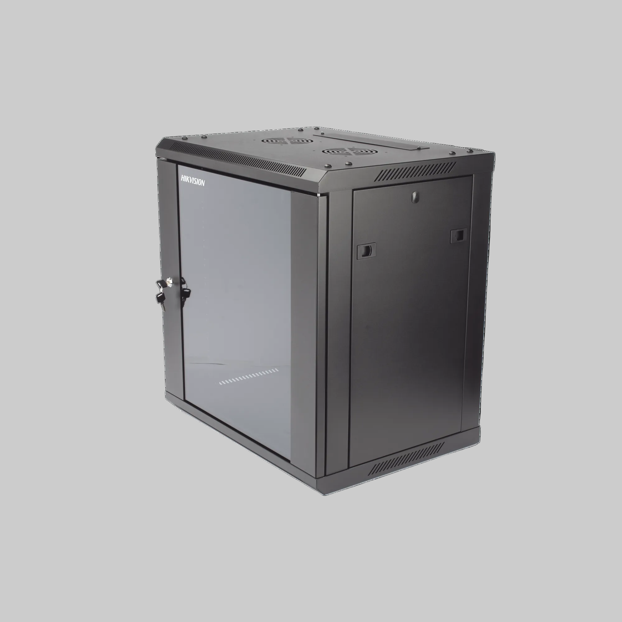 gabinete hikvision de acero metálico negro para pared con puerta frontal y ventilación superior para sistemas cctv
