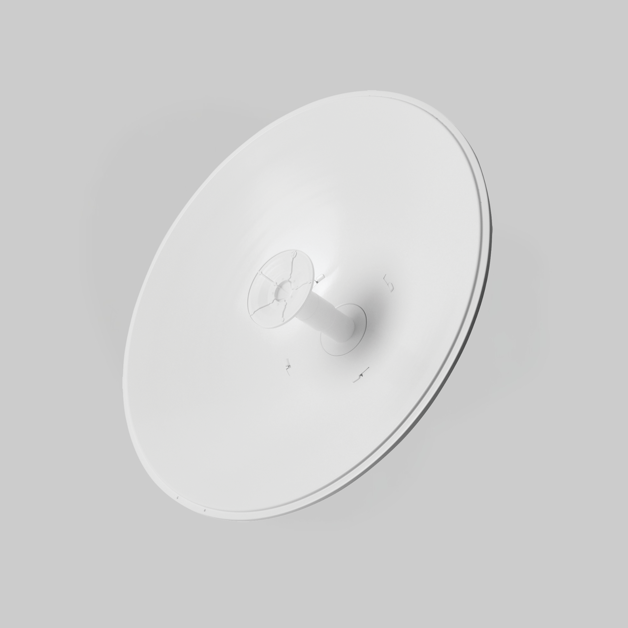 Antena direccional airFiber 30 dBi Ubiquiti vista frontal con reflector parabólico blanco para enlaces inalámbricos largos