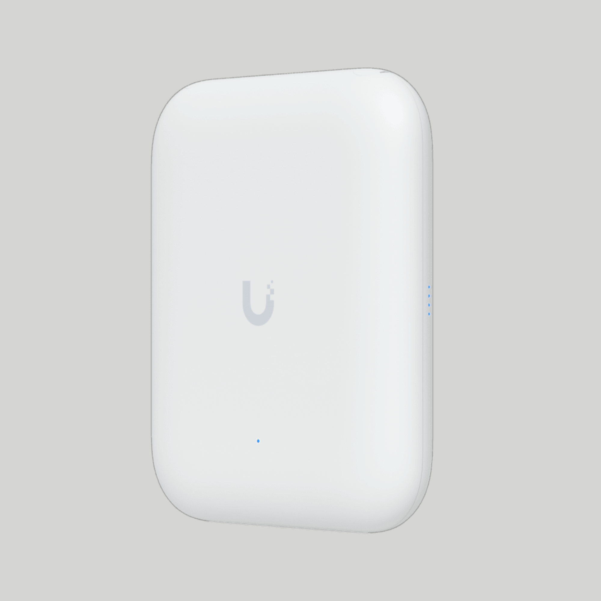 Ubiquiti U7 WiFi 7 en vista lateral con carcasa blanca, bordes redondeados y LEDs de estado azules