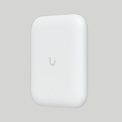 Ubiquiti U7 WiFi 7 en vista lateral con carcasa blanca, bordes redondeados y LEDs de estado azules