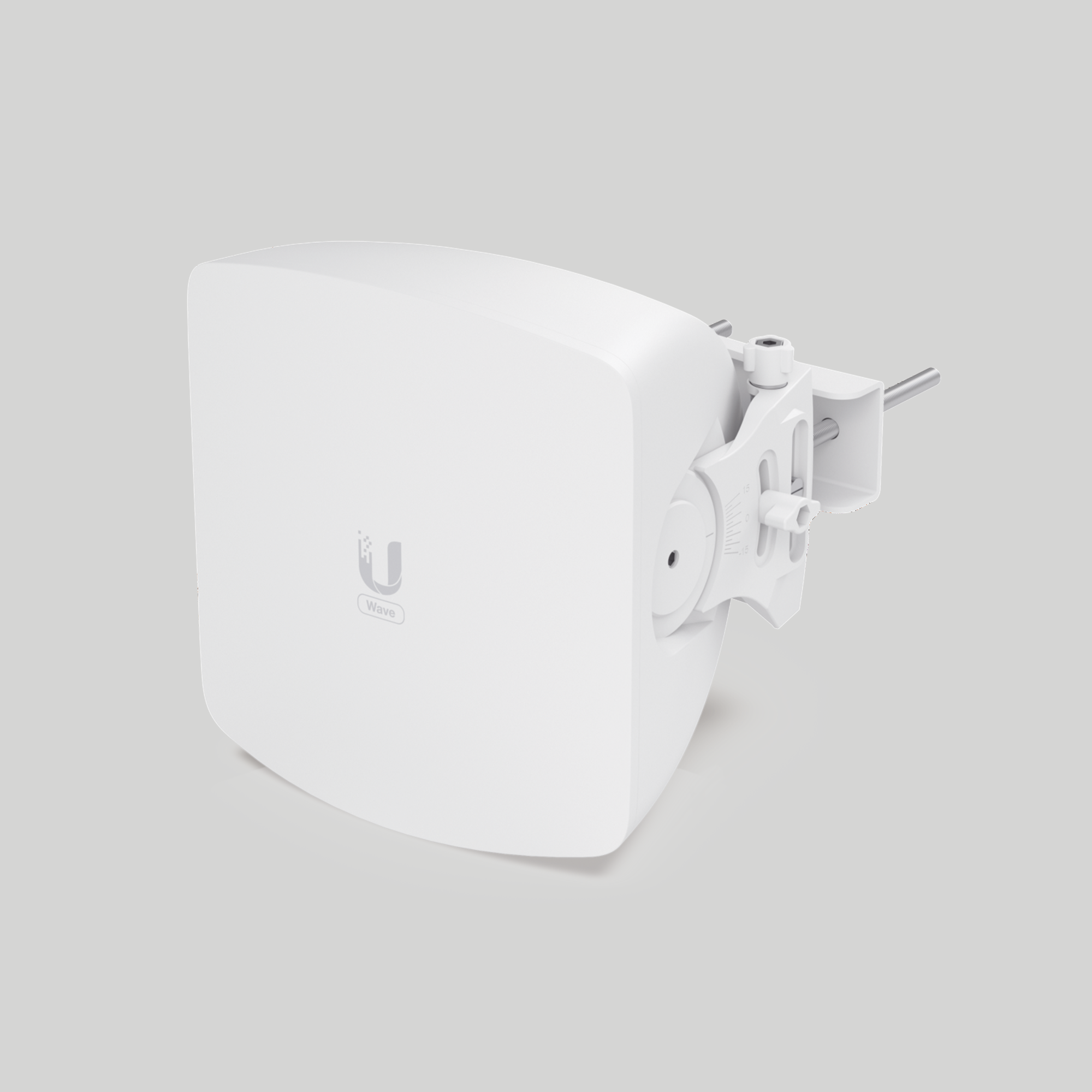 Access point Ubiquiti Wave AP de exterior con carcasa blanca y soporte ajustable para poste