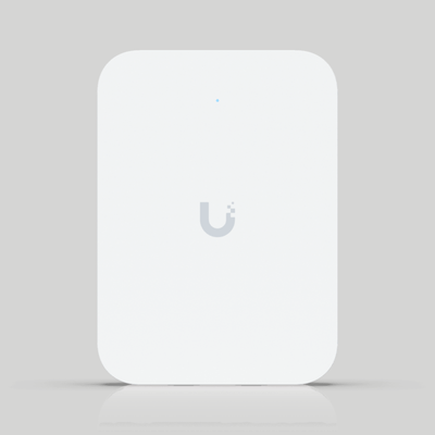 U7 In-Wall Ubiquiti blanco con diseño frontal minimalista y LED azul para red WiFi 7 empresarial