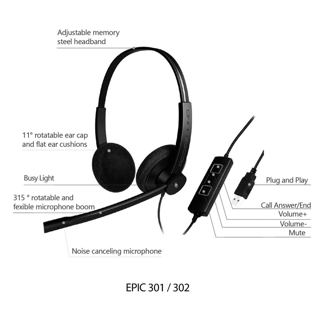 Diadema Pro Addasound EPIC 302, Binaural, control llamada, mute y vol, USB