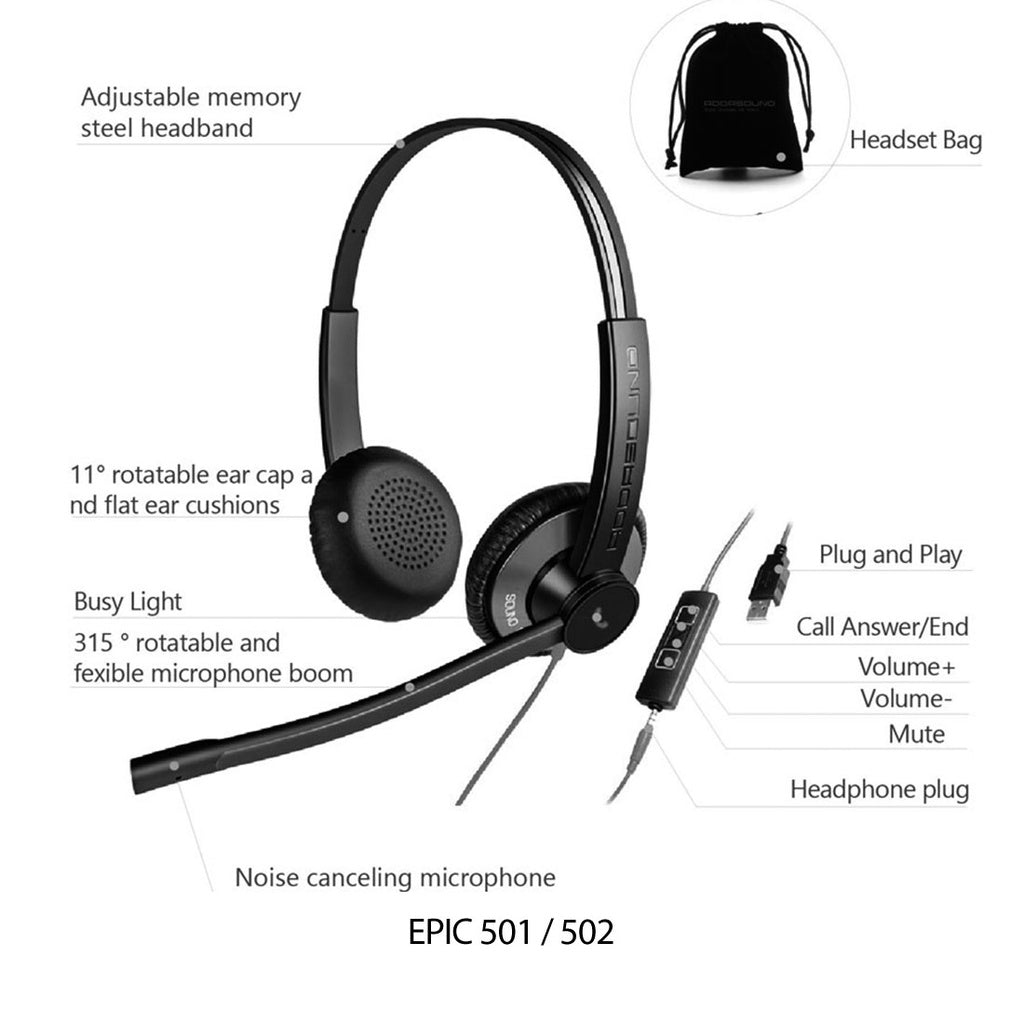 Diadema UC Addasound EPIC 502-G, Binaural, control llamada mute y vol, 3.5mm y USB