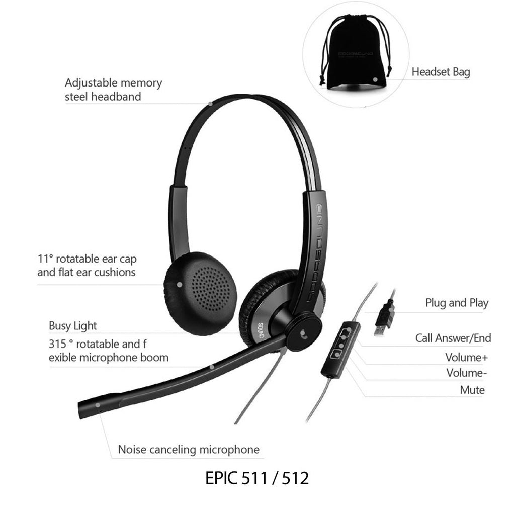 Diadema Addasound EPIC 512-G, Binaural, Alta demanda, Controles, Doble Mic, USB Y 3.5mm