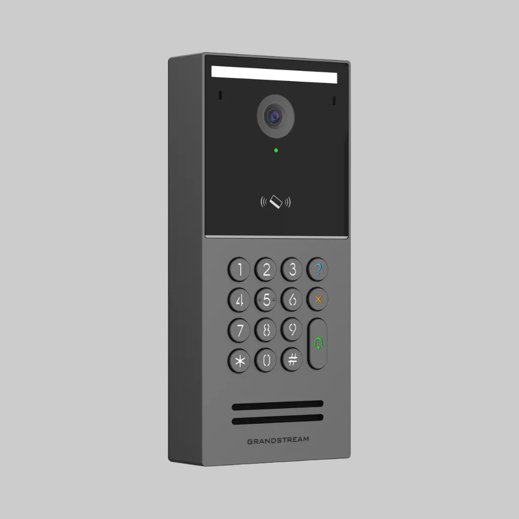 Panel frontal del GDS3725: cámara 4MP HDR, lector huella digital RFID, teclado numérico y LEDs IR para visión nocturna