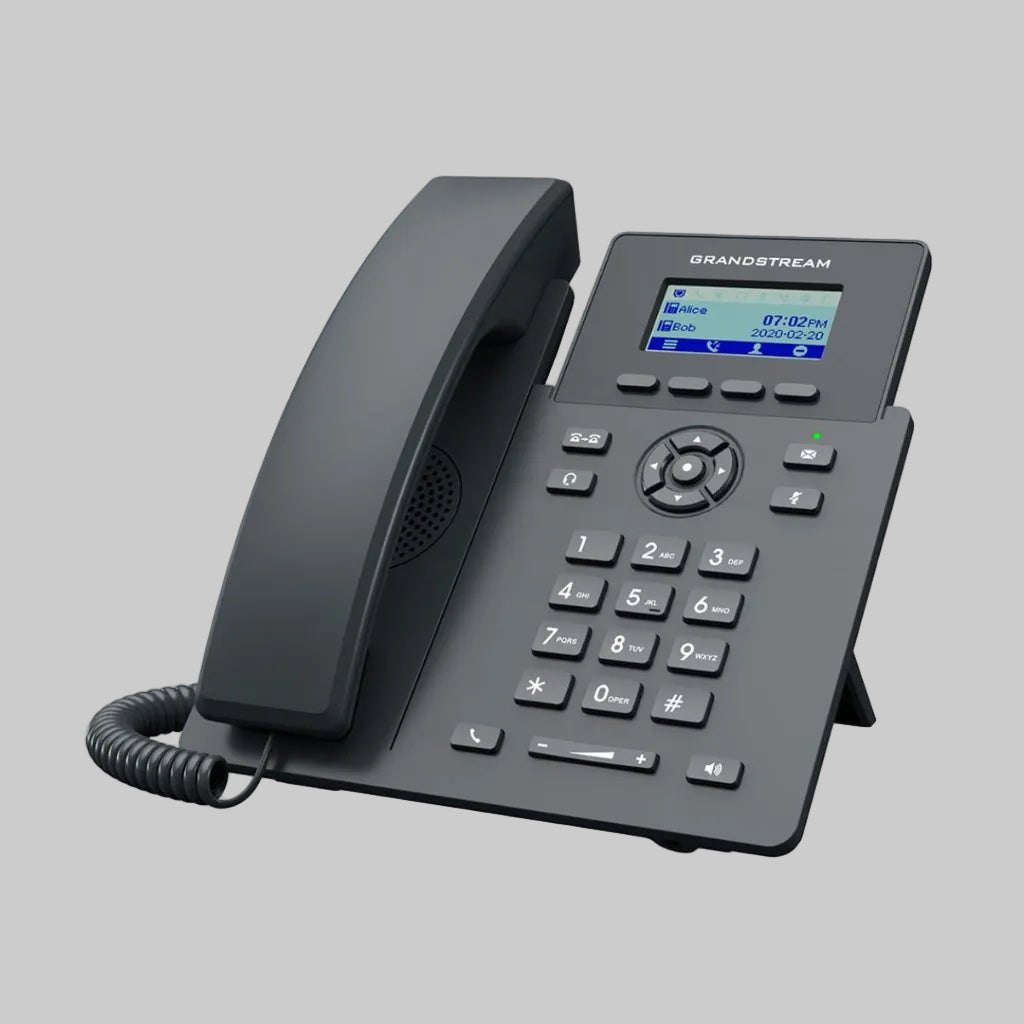 Teléfono IP Grandstream GRP2601 negro con pantalla LCD, teclado numérico y auricular para oficina