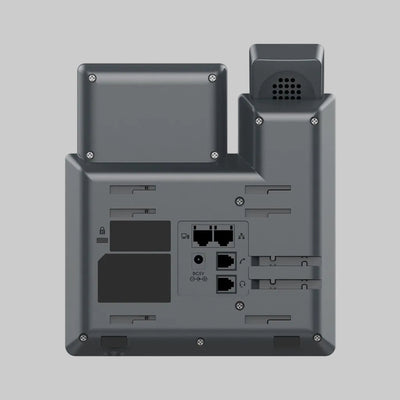 Parte trasera del Grandstream GRP2601 con puertos Ethernet, conexión DC 5V y soporte para escritorio