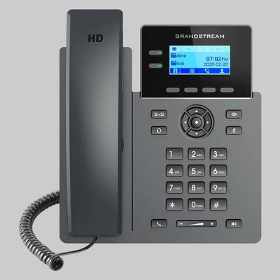Teléfono IP Grandstream GRP2602P con auricular y base inclinada para uso en oficinas y call centers
