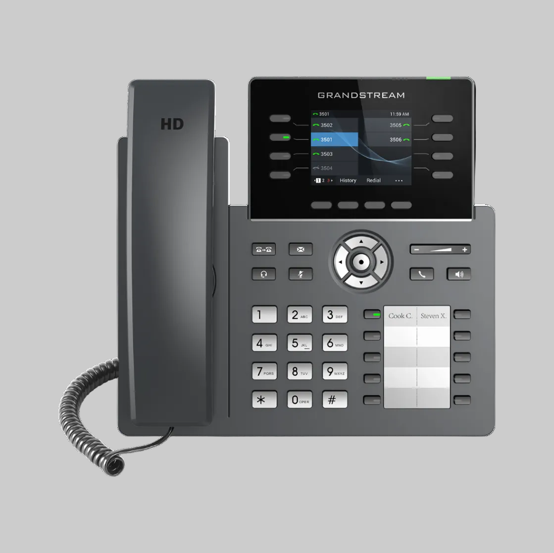 Teléfono IP Grandstream GRP2634 negro con pantalla a color y teclas BLF para gestión de múltiples líneas