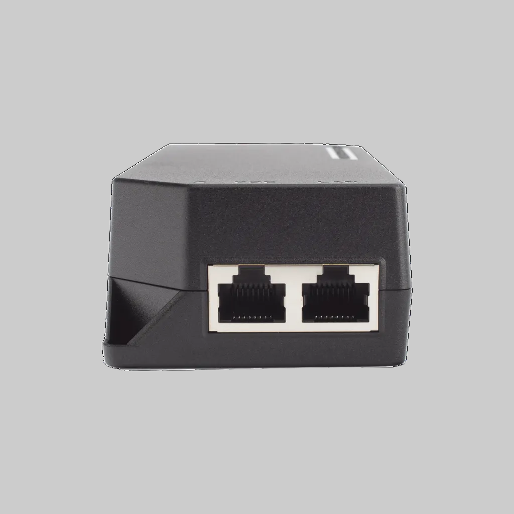Inyector PoE multigigabit Grandstream GS-POE15W-MG vista lateral con carcasa compacta para redes Ethernet