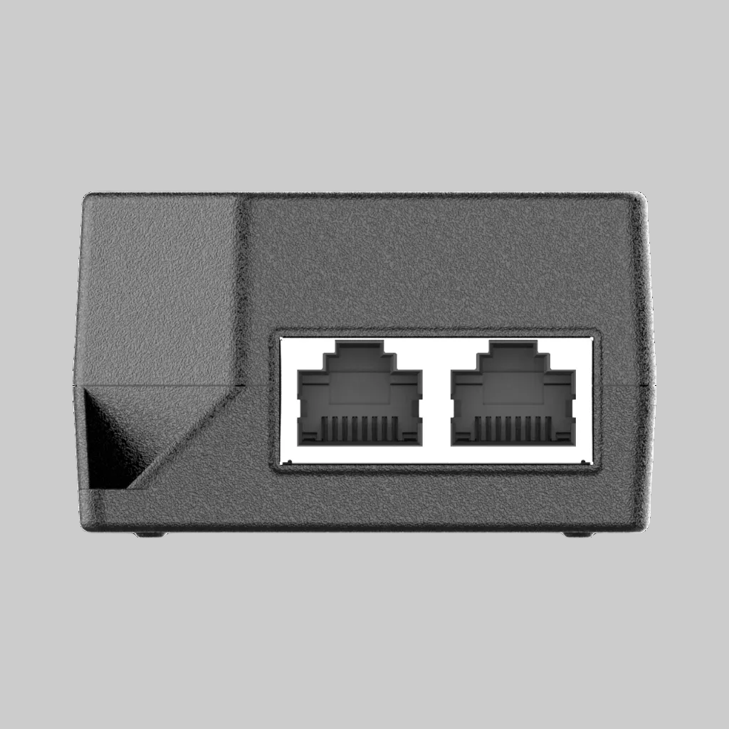 Vista superior del inyector PoE Grandstream GS-POE30W-MG con orejas de montaje y logo