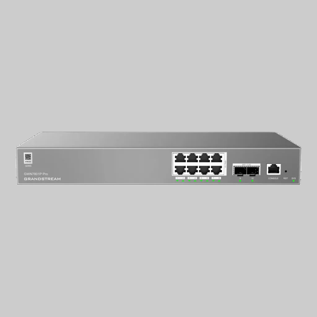 Switch PoE Grandstream GWN7801P frontal con 8 puertos Gigabit, 2 SFP y consola de administración