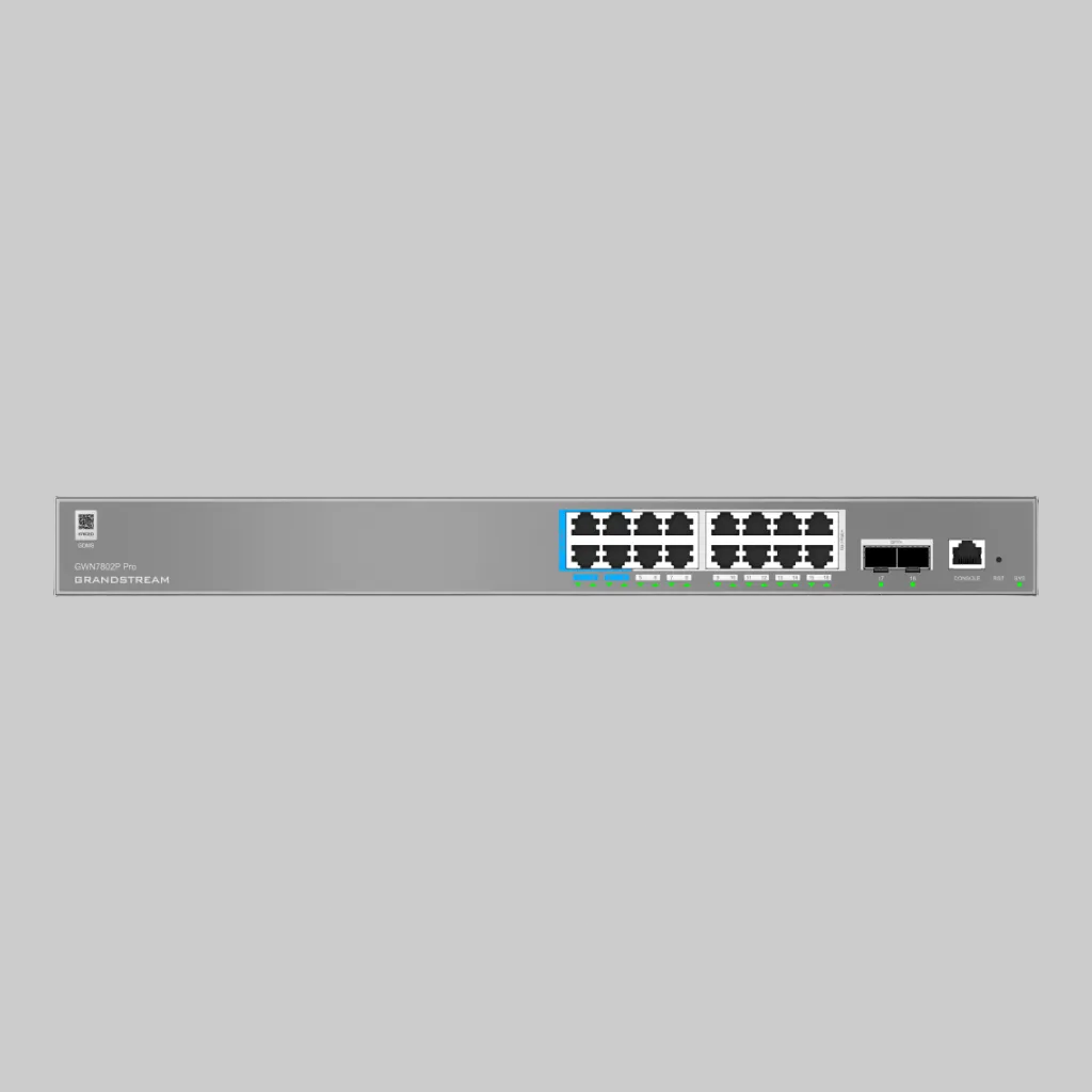 Panel frontal del switch PoE administrable Grandstream GWN7802P con 16 puertos Gigabit y 4 uplinks SFP