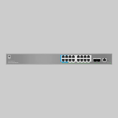 Panel frontal del switch PoE administrable Grandstream GWN7802P con 16 puertos Gigabit y 4 uplinks SFP
