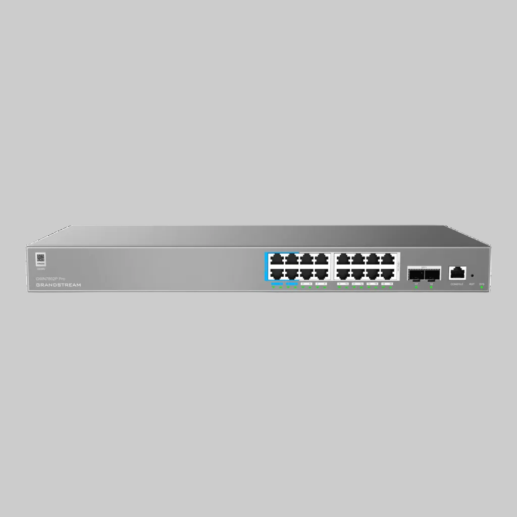 Switch PoE Grandstream GWN7802P frontal con 16 puertos Gigabit, 4 SFP y consola de administración