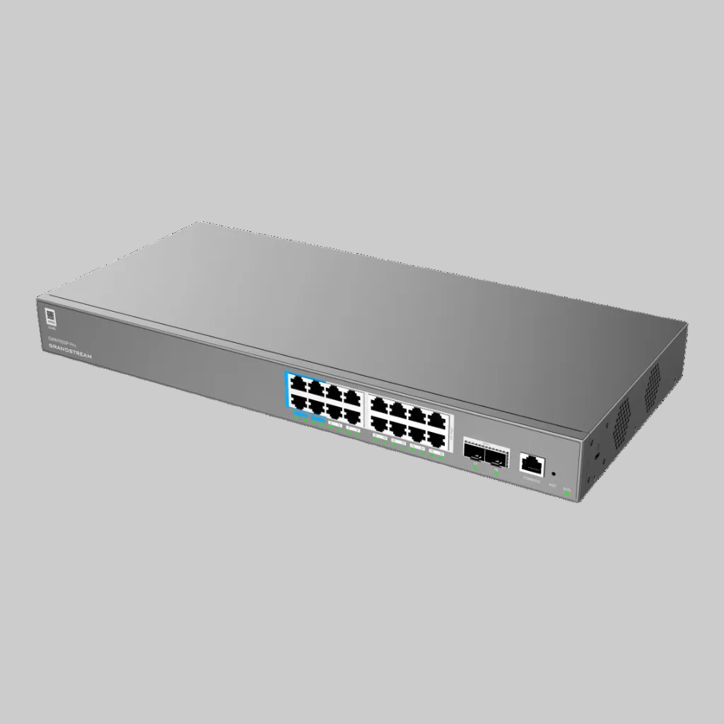Switch PoE administrable 16 puertos Grandstream GWN7802P Pro con chasis negro y puertos SFP 2.5G