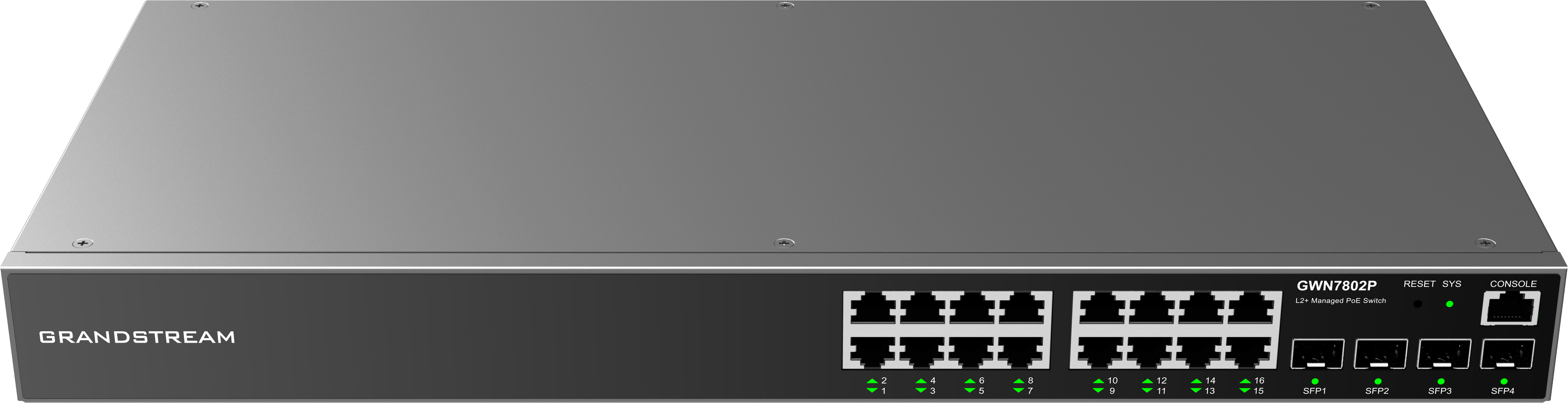 Switch PoE Administrable Grandstream GWN7802P, Capa 2, 16 puertos GigaEth PoE/PoE+ y 4 puertos Giga SFP