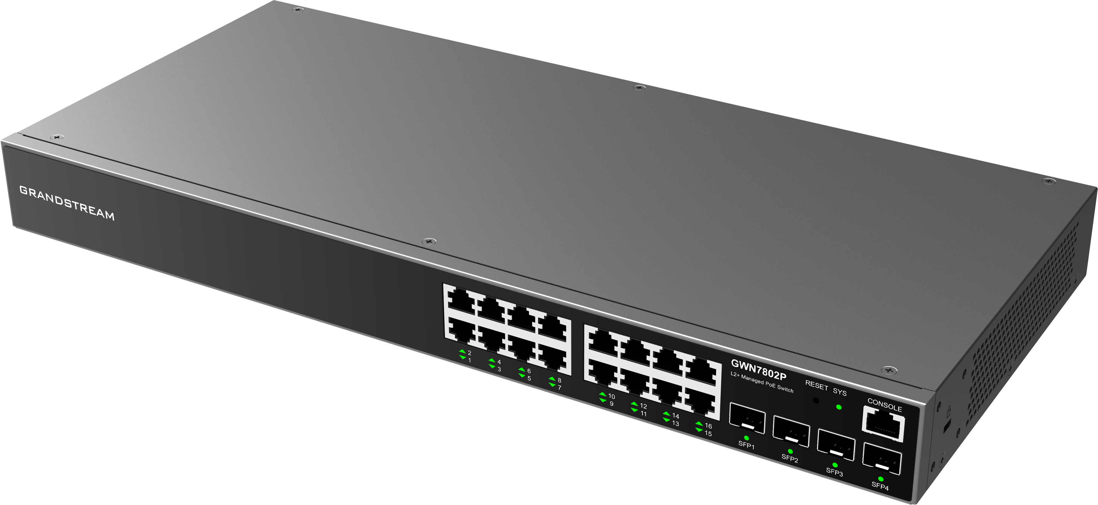 Switch PoE Administrable Grandstream GWN7802P, Capa 2, 16 puertos GigaEth PoE/PoE+ y 4 puertos Giga SFP