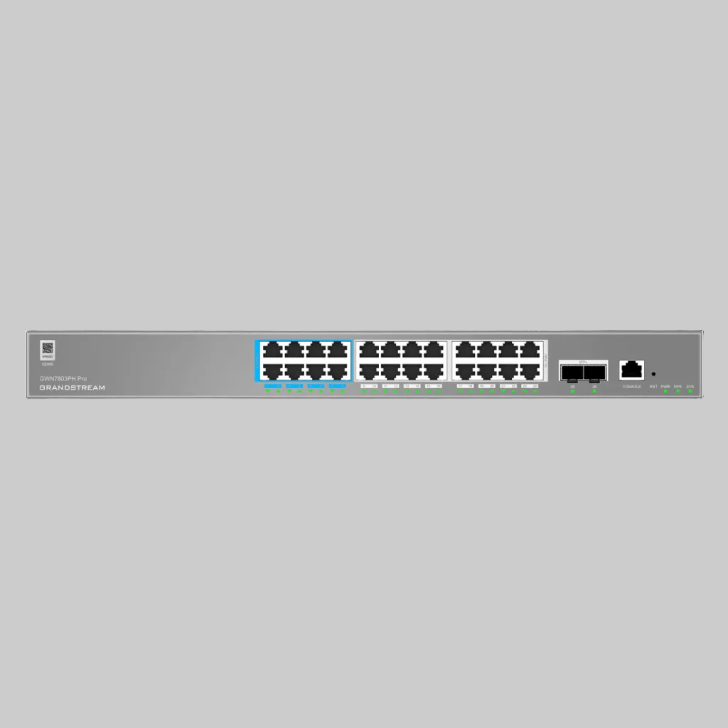 Panel frontal del switch PoE++ administrable Grandstream GWN7803PH con 24 puertos RJ45 y 2 SFP+