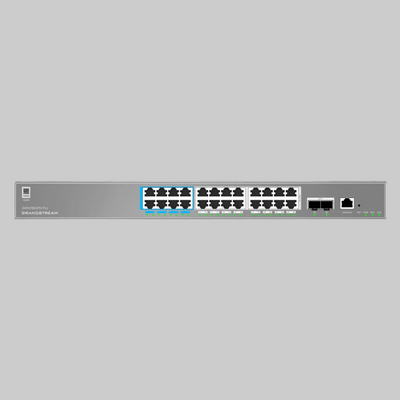 Panel frontal del switch PoE++ administrable Grandstream GWN7803PH con 24 puertos RJ45 y 2 SFP+