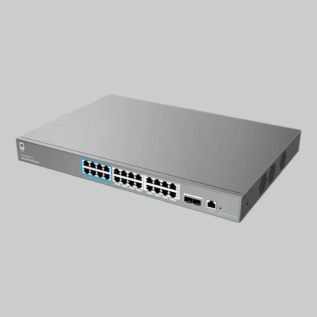 Grandstream GWN7803PH Pro frontal con 24 puertos Gigabit PoE++, 2 SFP+ e indicadores LED verdes