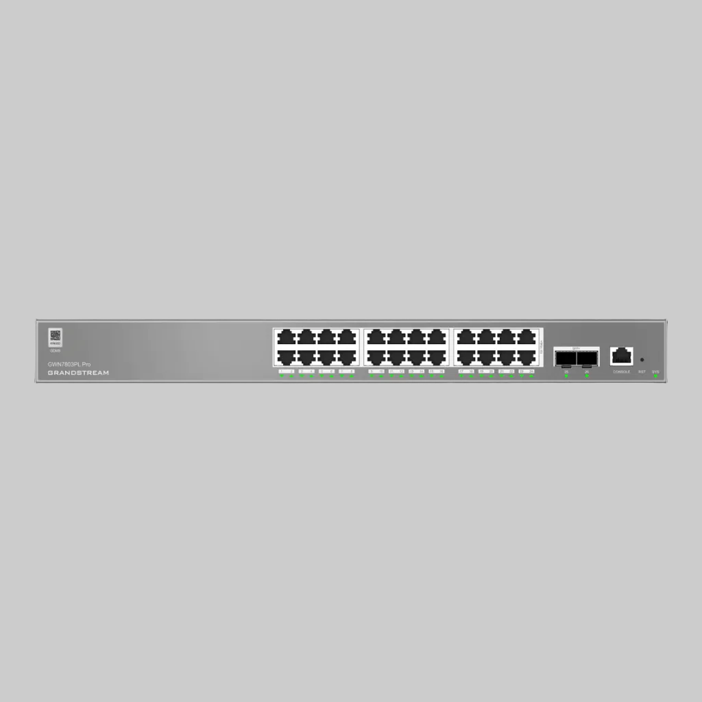 Panel frontal del switch PoE+ administrable Grandstream GWN7803PL con 24 puertos RJ45 y 2 SFP+
