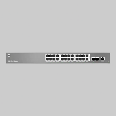 Panel frontal del switch PoE+ administrable Grandstream GWN7803PL con 24 puertos RJ45 y 2 SFP+