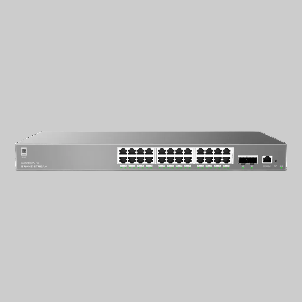 Grandstream GWN7803PL Pro frontal con 24 puertos Gigabit PoE+, 2 SFP+ y LEDs de estado verdes