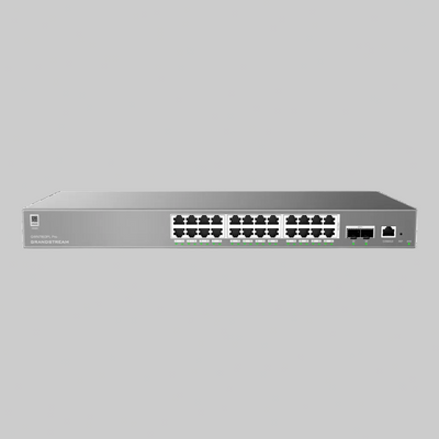 Grandstream GWN7803PL Pro frontal con 24 puertos Gigabit PoE+, 2 SFP+ y LEDs de estado verdes