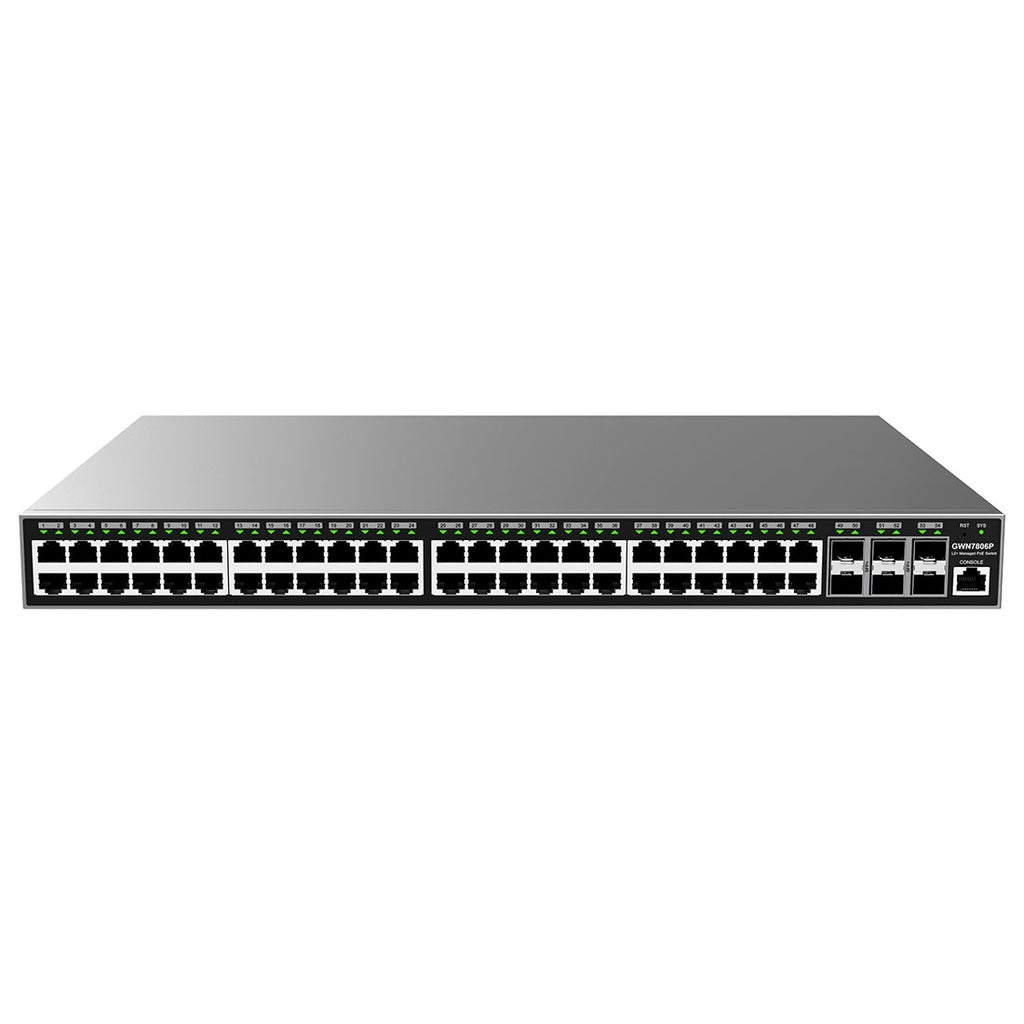 Switch Administrable PoE Grandstream GWN7806P, Capa 2, 48 puertos GigaEth PoE/PoE+ y 6 puertos Giga SFP+