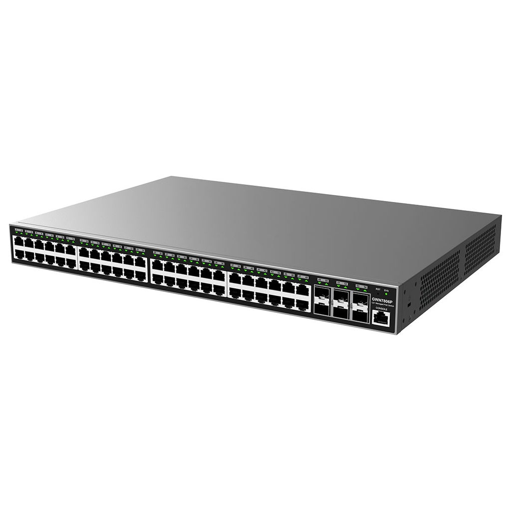 Switch Administrable PoE Grandstream GWN7806P, Capa 2, 48 puertos GigaEth PoE/PoE+ y 6 puertos Giga SFP+