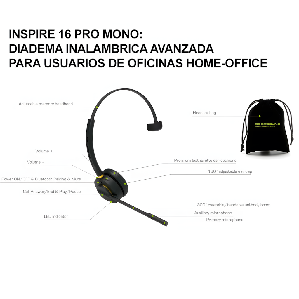 Diadema Profesional Inalámbrica Addasound INSPIRE 16PRO Monoaural, Cancelación ruido, USB