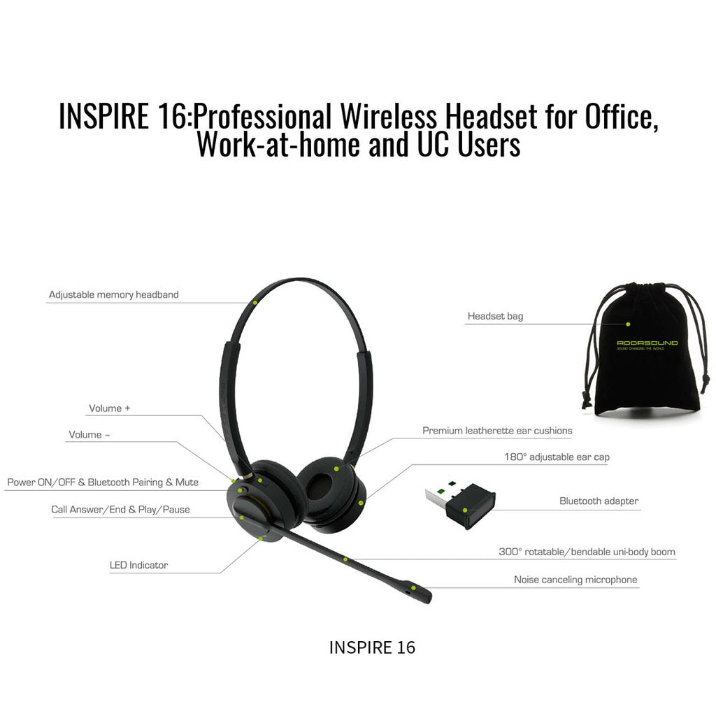Diadema Pro Inalámbrica Addasound INSPIRE 16 Binaural, Bluetooth, Cancelación ruido, USB