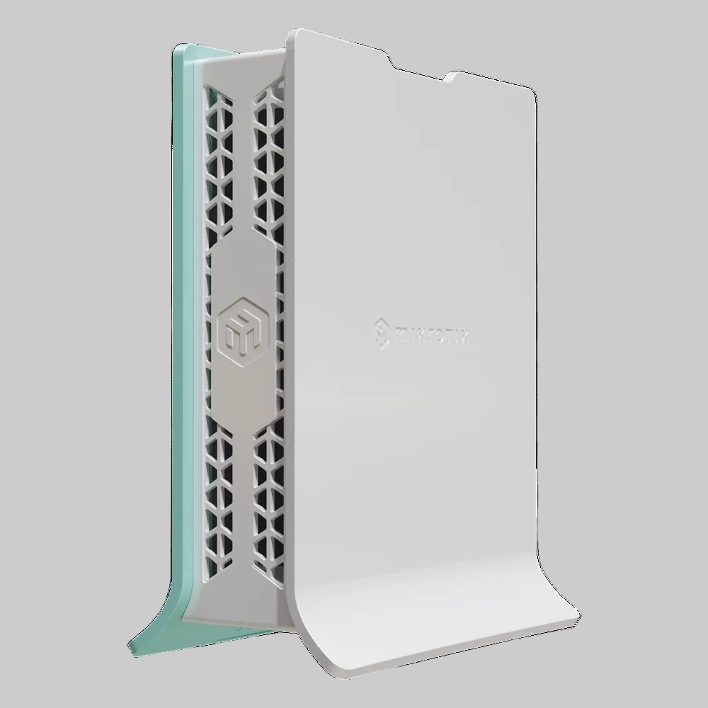 Vista posterior del router MikroTik hAP ax lite L41G-2AXD, con carcasa blanca, soporte verde y rejillas de ventilación.