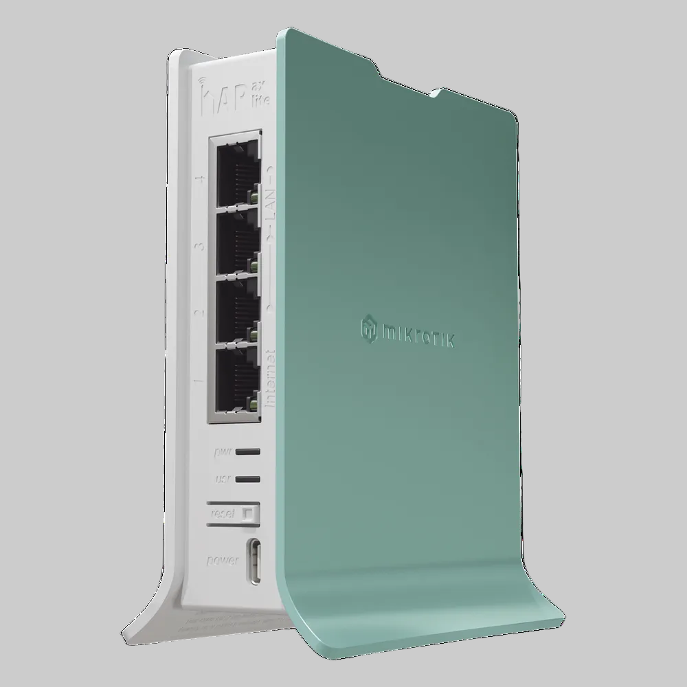 Router MikroTik hAP ax lite L41G-2AXD en blanco y verde, con cuatro puertos Ethernet, indicadores LED y botón de reinicio.