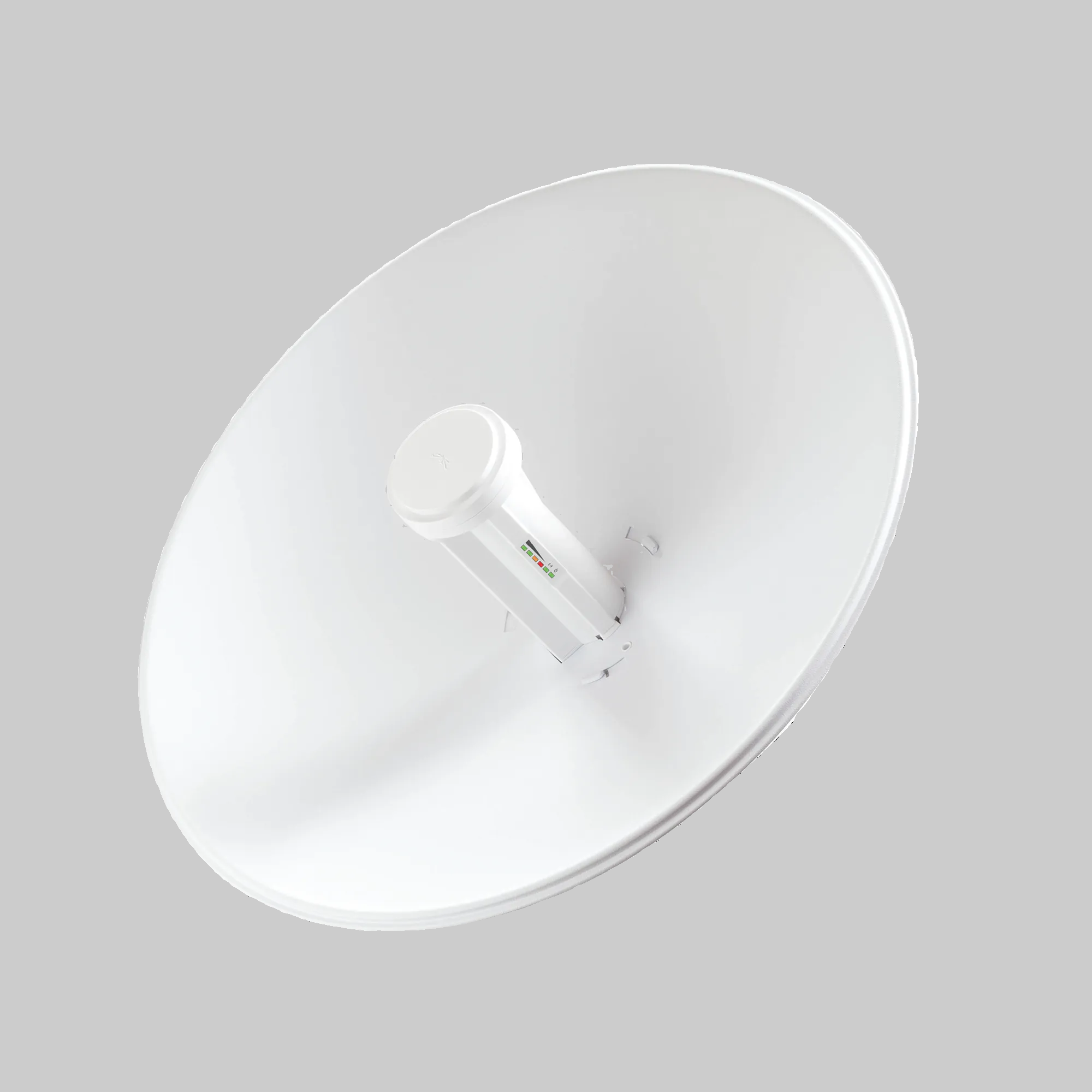 powerbeam m2 400 ubiquiti vista frontal inclinada con plato 2.4 ghz y alimentador central para enlace punto a punto