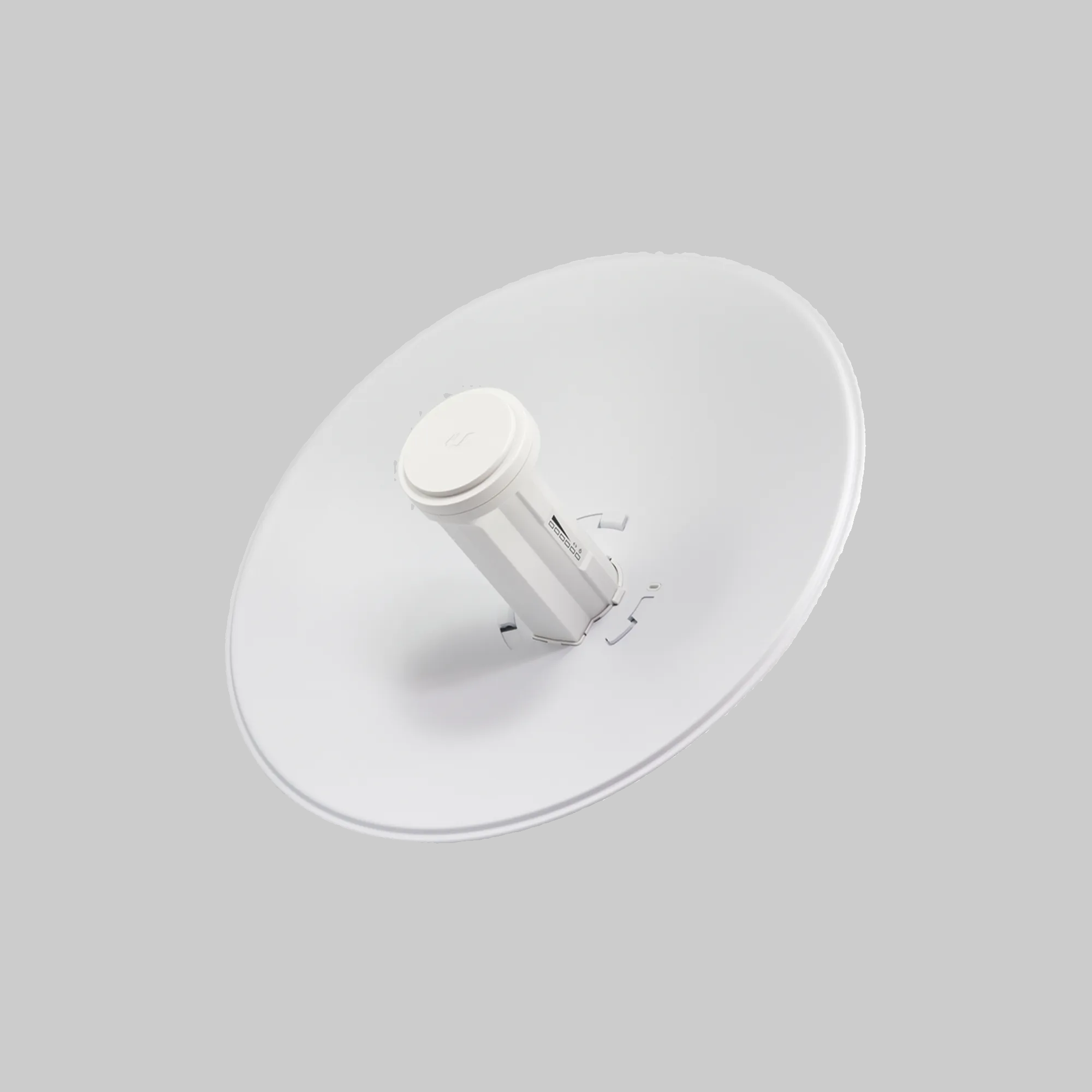 antena plato ubiquiti powerbeam m5 300 en ángulo superior con alimentador central para enlaces inalámbricos estables