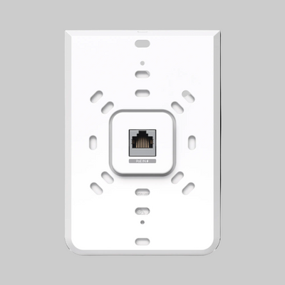 Parte trasera del access point UniFi U6-IW con puerto PoE Ethernet para instalación en pared