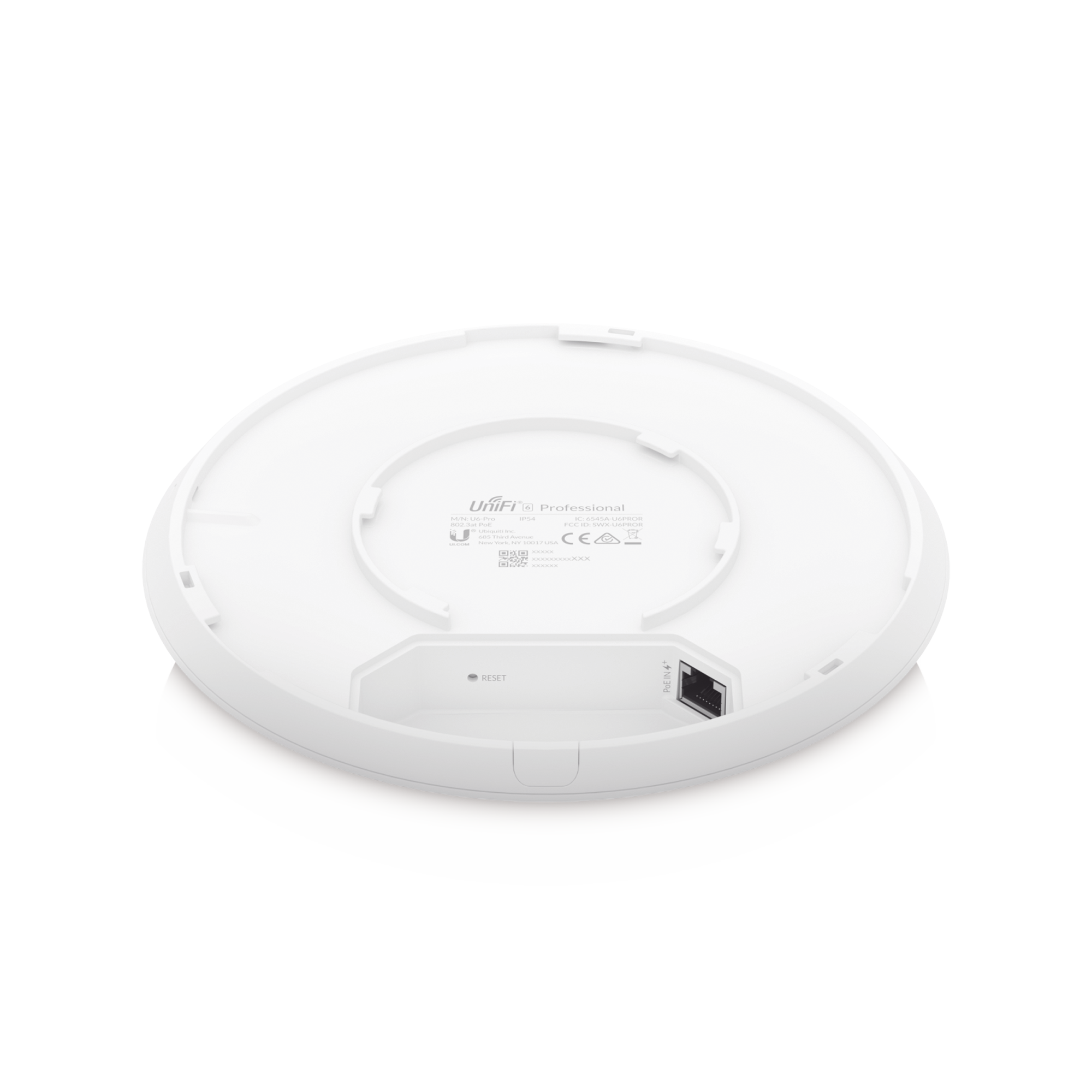 Parte inferior UniFi U6 PRO con puerto Ethernet PoE y botón reset para configuración de red profesional