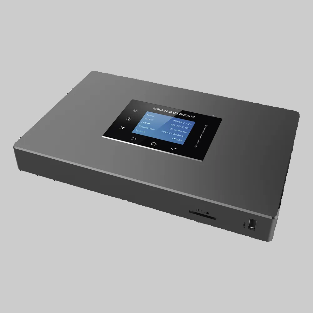 Conmutador IP Grandstream UCM6301 con pantalla LCD, ranura SD y puerto USB en el frente