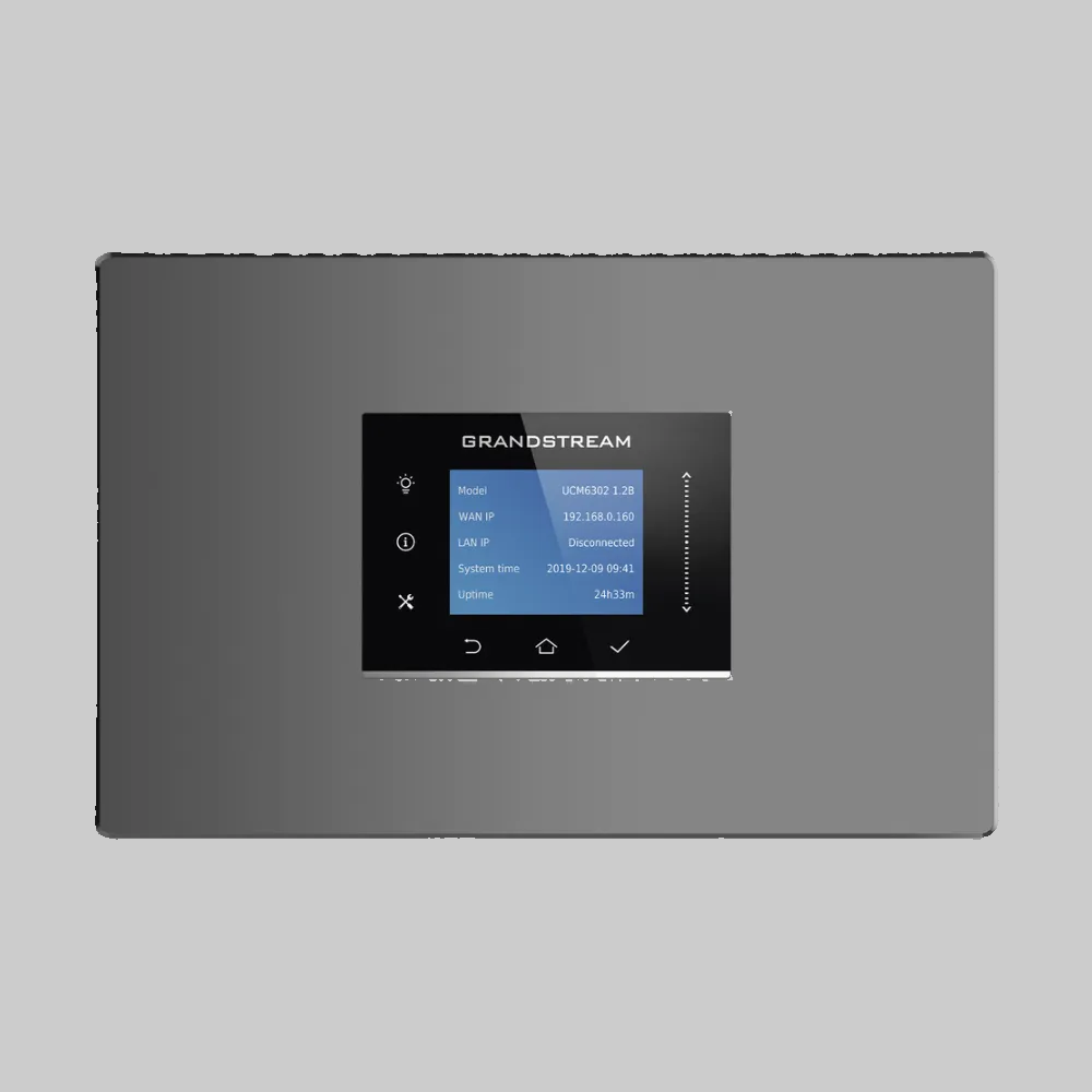 Pantalla LCD a color y botones táctiles del conmutador IP Grandstream UCM6301 vista desde arriba