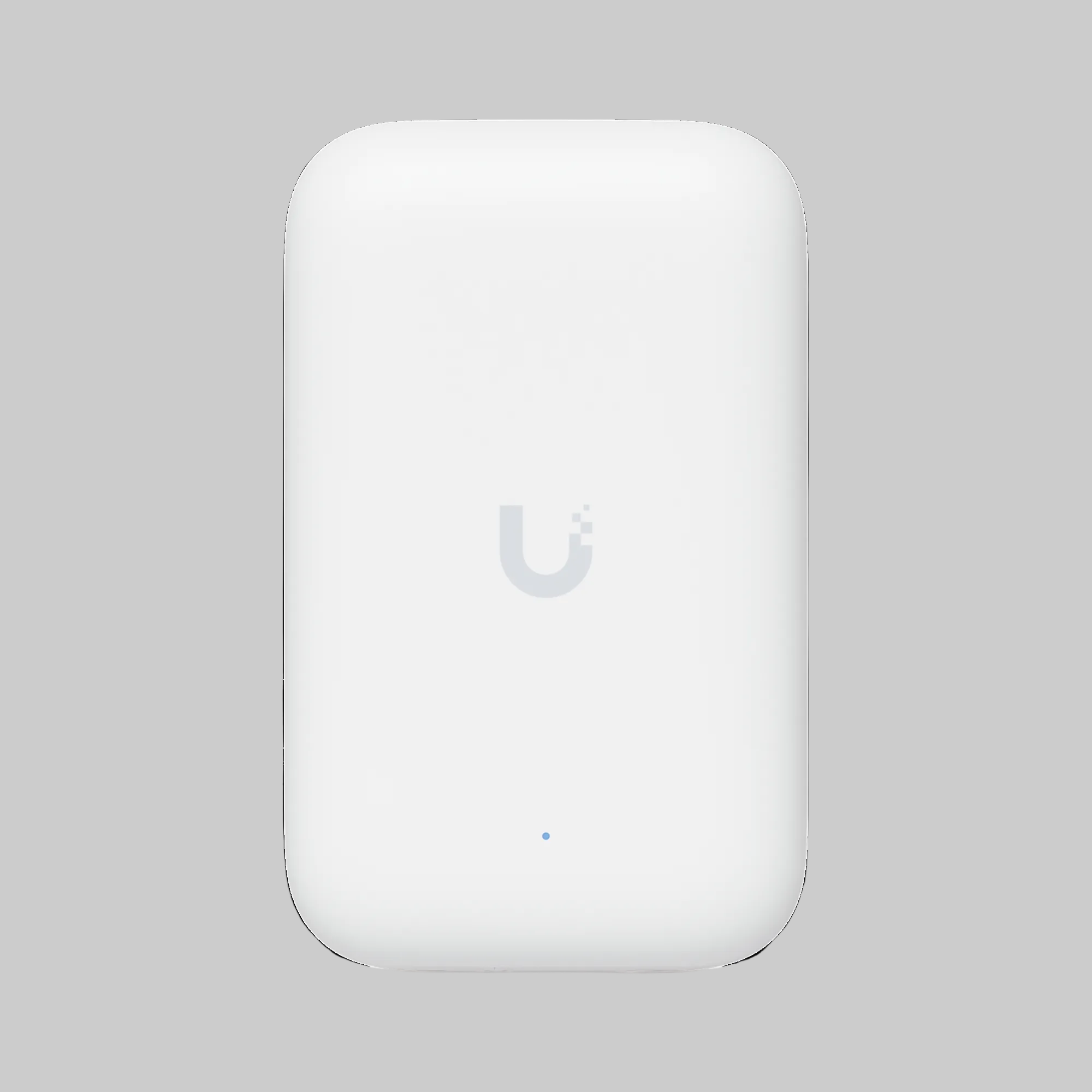 Access point UniFi UK-Ultra blanco con logo Ubiquiti, LED frontal azul y diseño compacto vertical