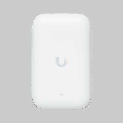 Access point UniFi UK-Ultra blanco con logo Ubiquiti, LED frontal azul y diseño compacto vertical