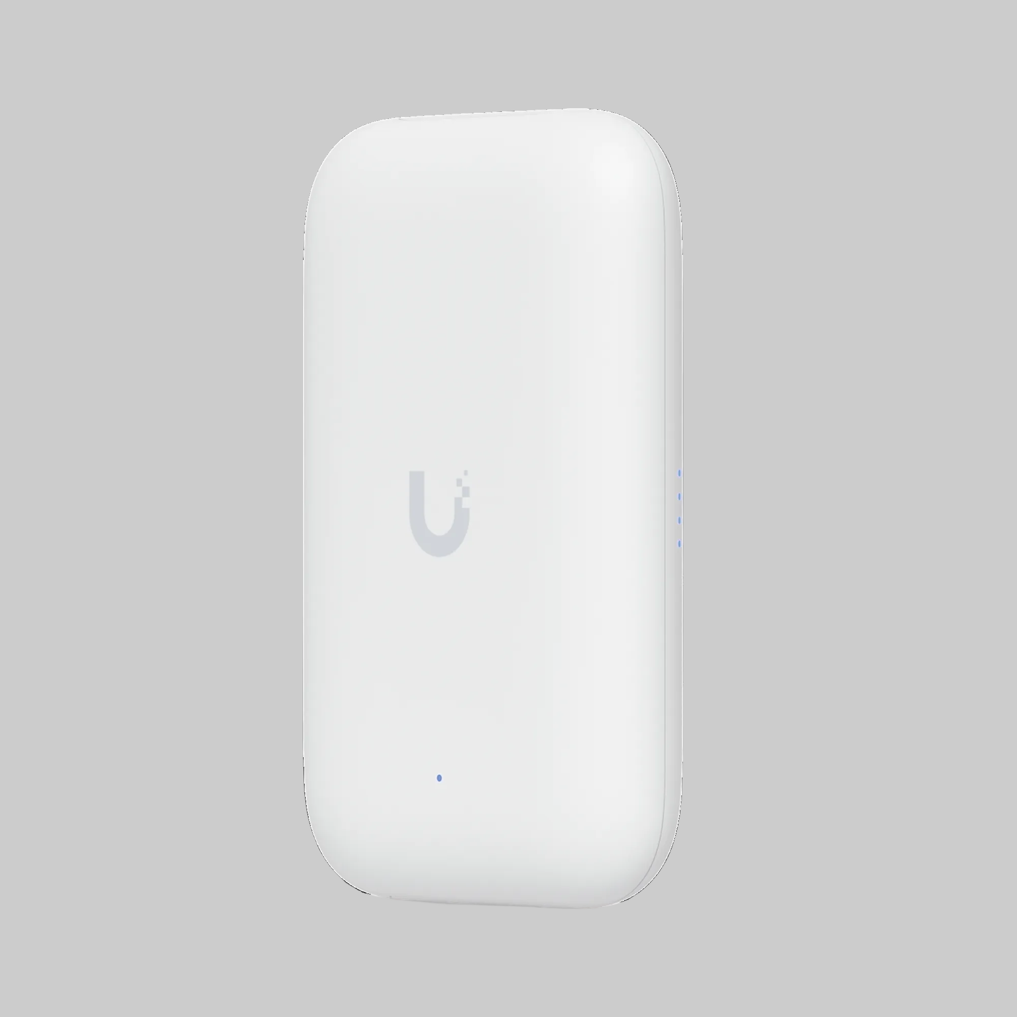 AP UniFi UK-Ultra blanco de frente, carcasa redondeada con logo central y LED indicador azul