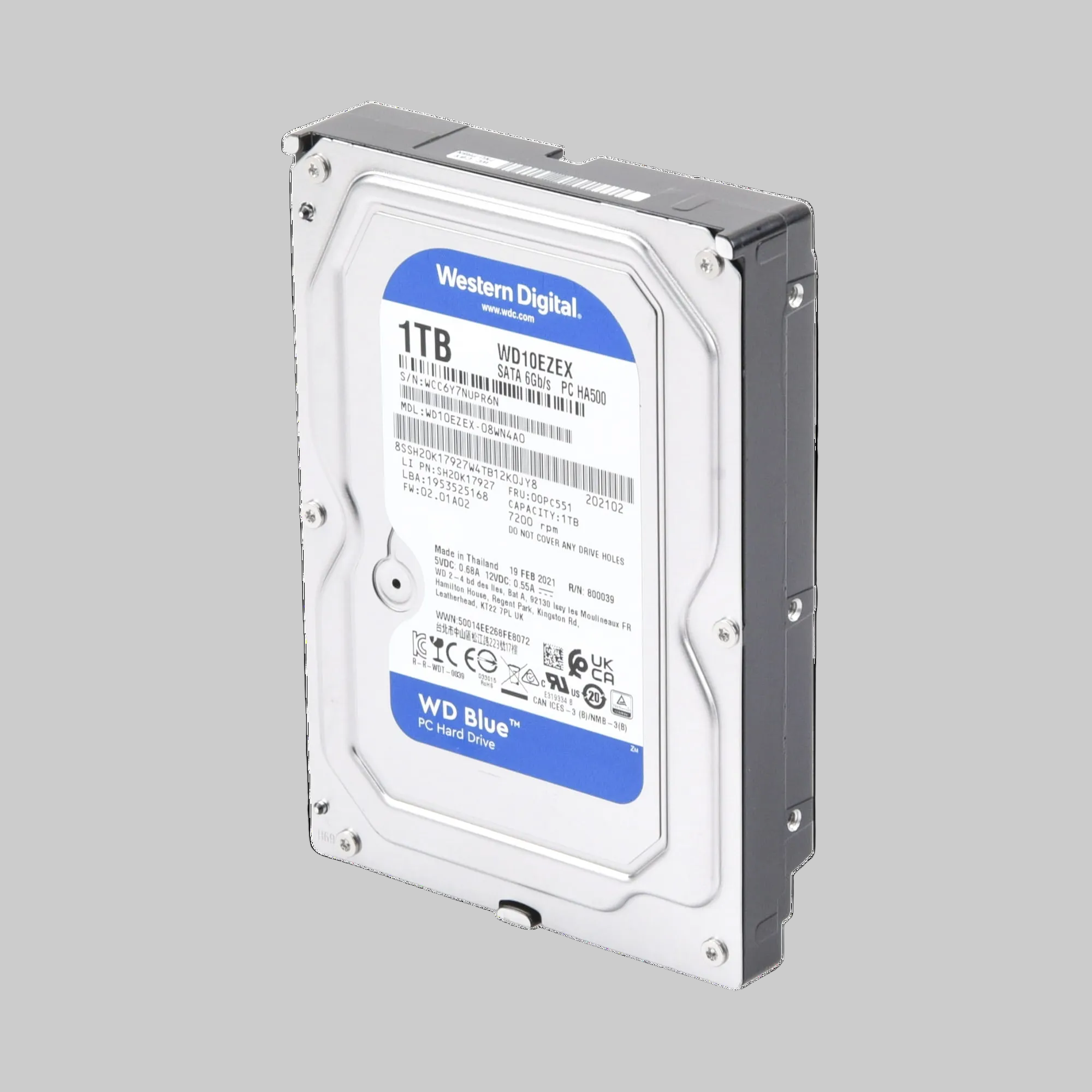 Disco duro WD Blue 1TB con etiqueta QR y especificaciones visibles para PC de oficina y negocio