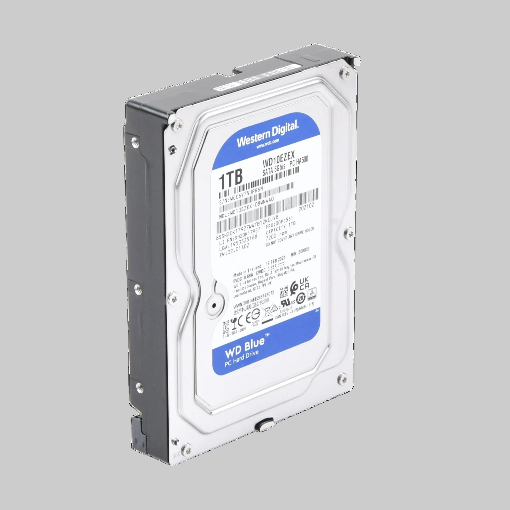HDD SATA 1TB WD Blue 7200RPM en perspectiva lateral para instalación en computadora de escritorio