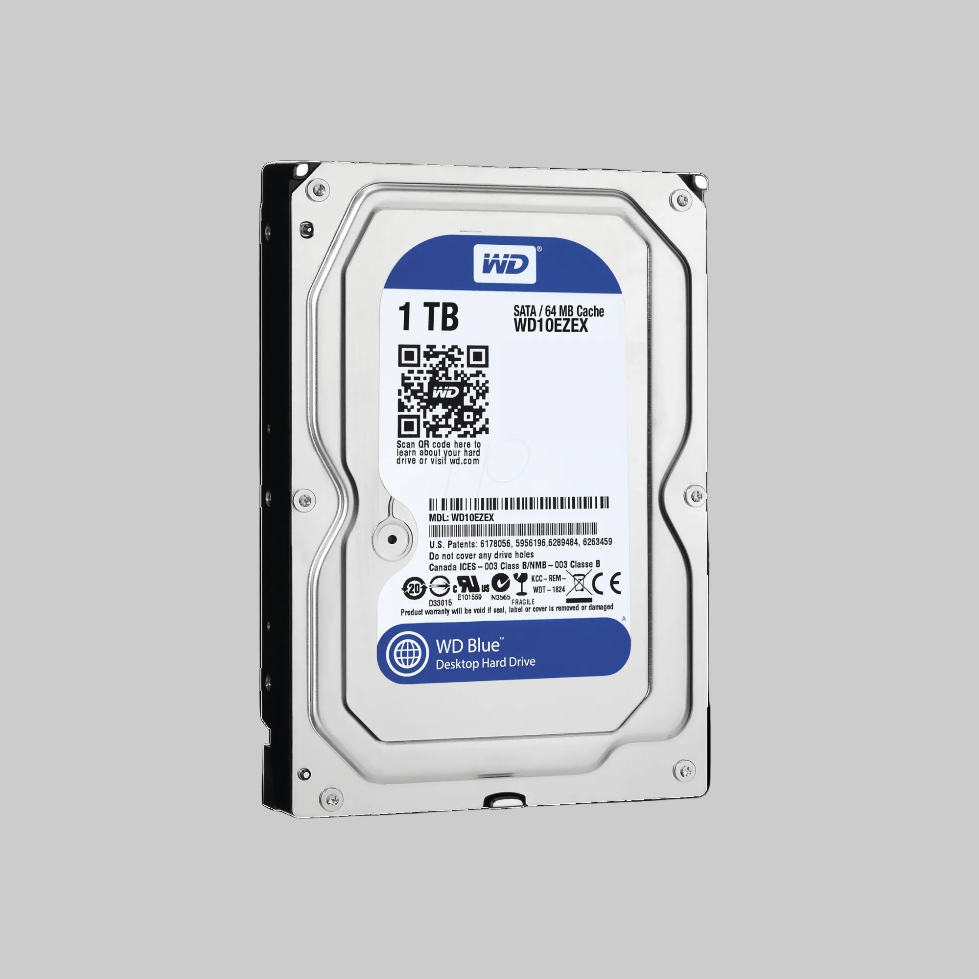 Disco duro WD Blue 1TB 7200RPM vista completa con diseño plateado para almacenamiento interno PC